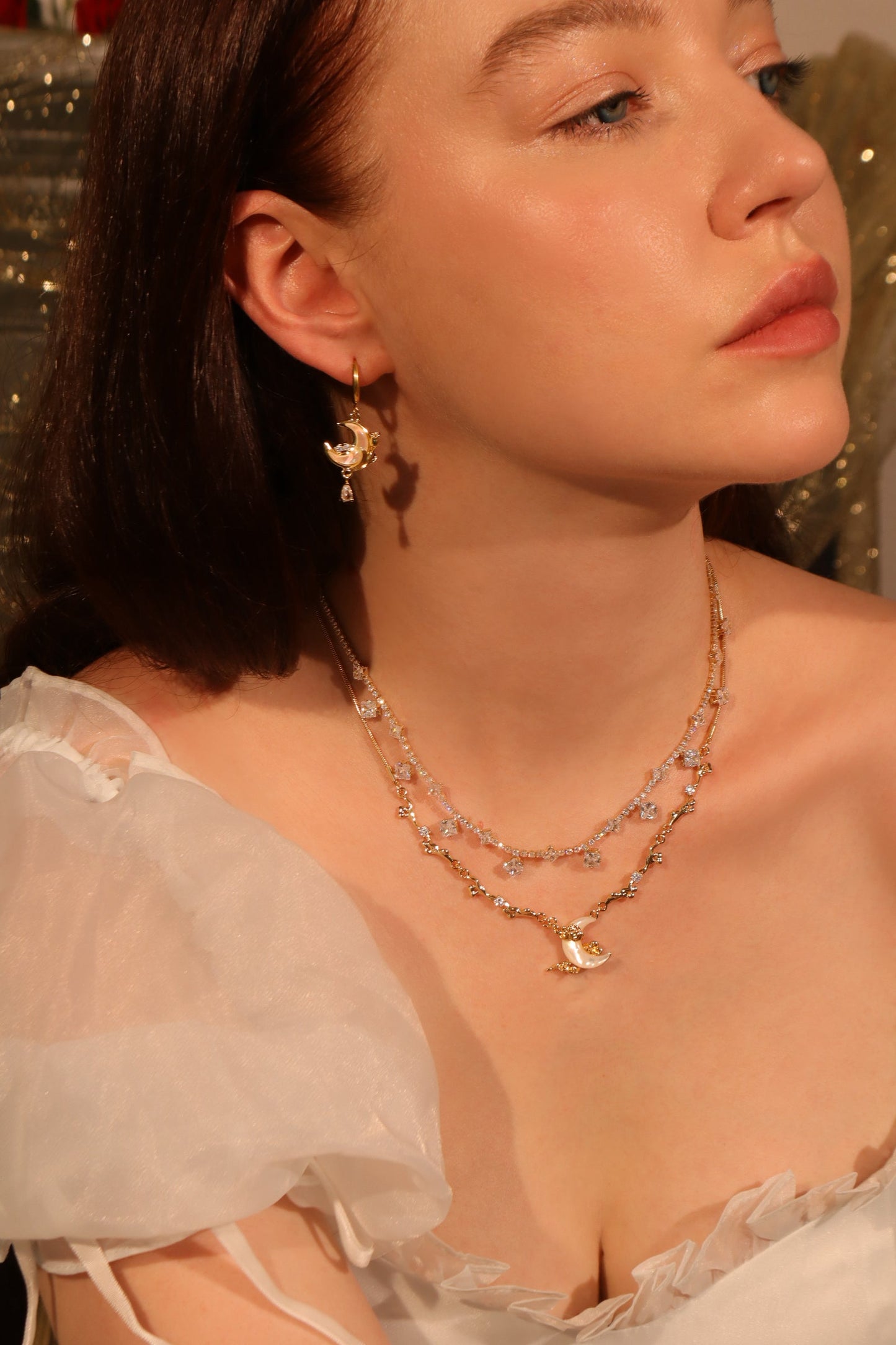 18K Real Gold Plated White Rose Moon Earrings