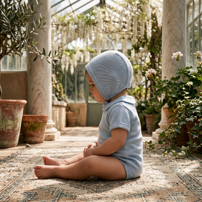 Boys Baby Blue Collar Short Sleeve Bodysuit β view 2 β handcrafted in Spain β AGΓ Baby