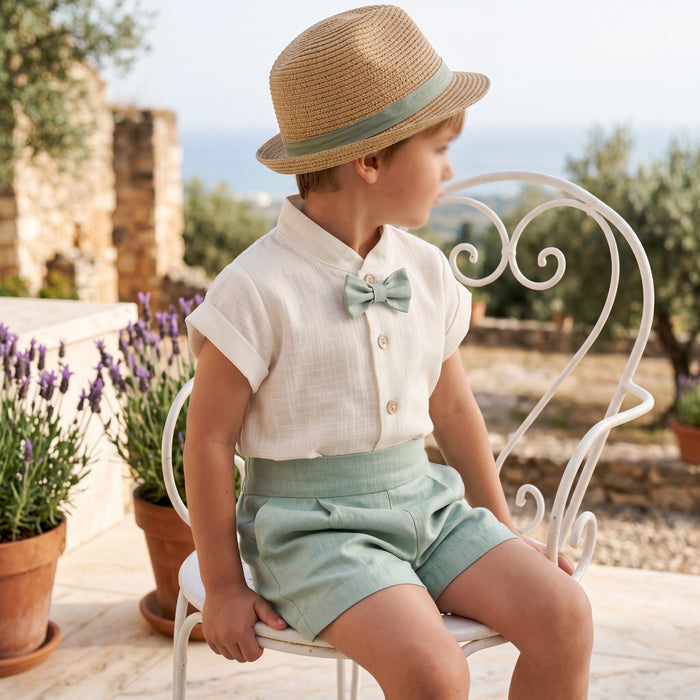 Boys "Freddie" Mint Shirt & Shorts β view 2 β handcrafted in Spain β AGΓ Baby