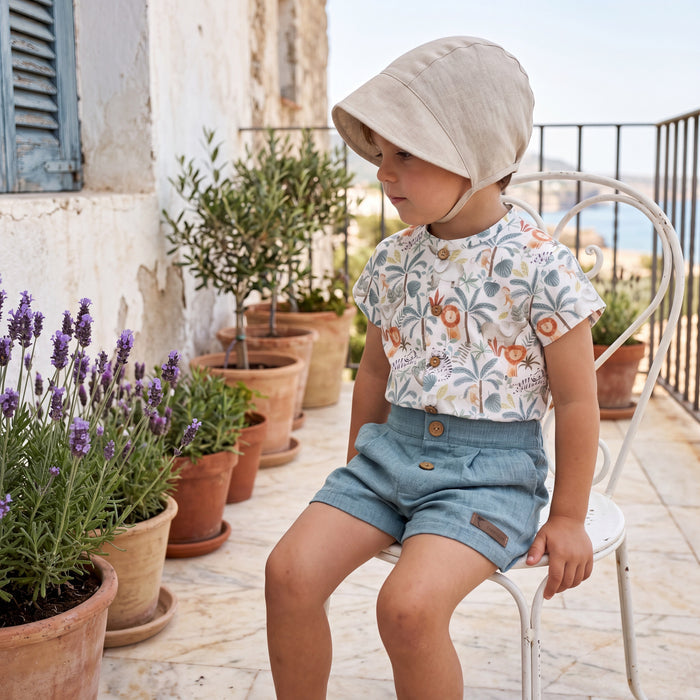 Boys "Hector" Teal Jungle Print Shirt & Shorts — view 2 — handcrafted in Spain — AGÜ Baby