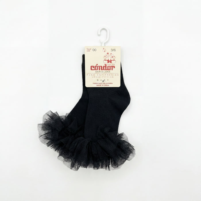 Girl Black High Socks with Gathered Tulle Strap — view 3 — handcrafted in Spain — AGÜ Baby