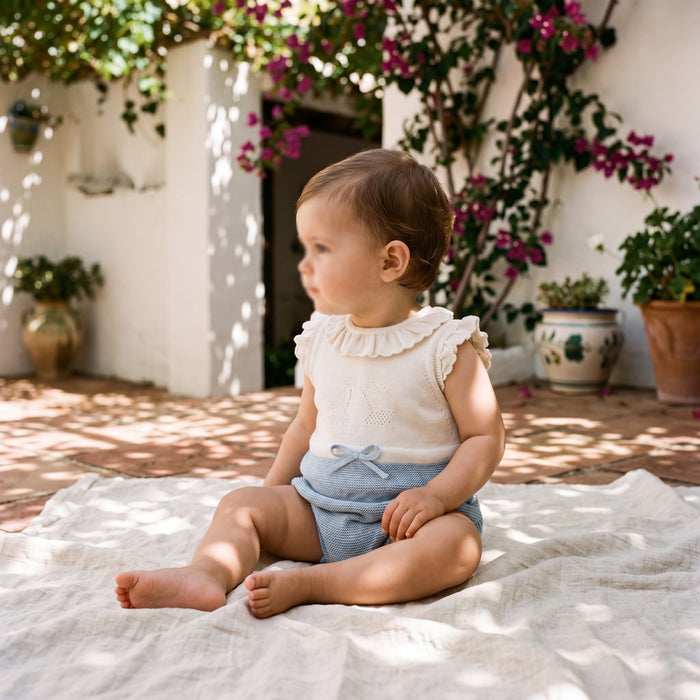 Girl Light Blue Picota Romper β view 2 β handcrafted in Spain β AGΓ Baby