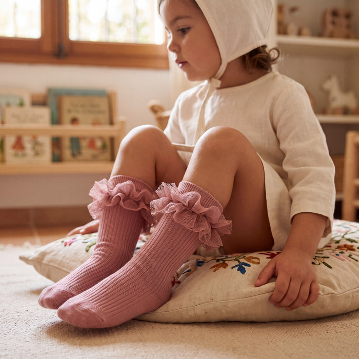Girl Pink Makeup High Socks with Gathered Tulle Strap