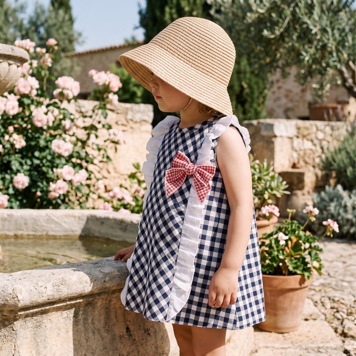Girls "Betty" Navy Gingham A-Line Dress β view 2 β handcrafted in Spain β AGΓ Baby