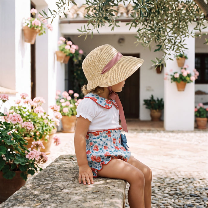 Girls "Fallon" Red & Blue Floral Blouse & Bloomers — view 2 — handcrafted in Spain — AGÜ Baby