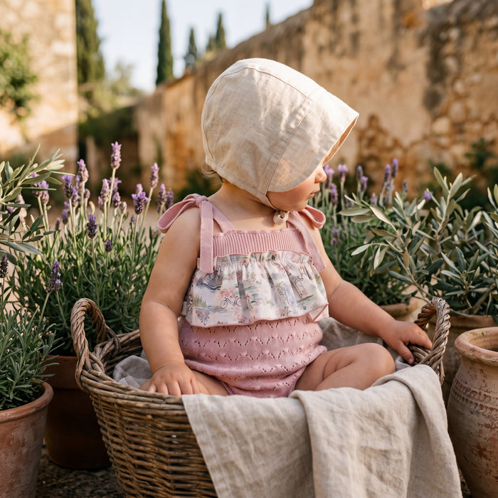 Girls Light Pink Printed Jumpsuit β view 2 β handcrafted in Spain β AGΓ Baby