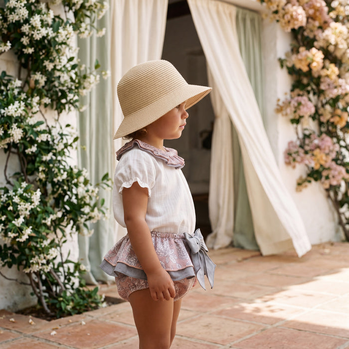 Girls "Peggy" Dusky Pink Floral Blouse & Bloomers — view 2 — handcrafted in Spain — AGÜ Baby