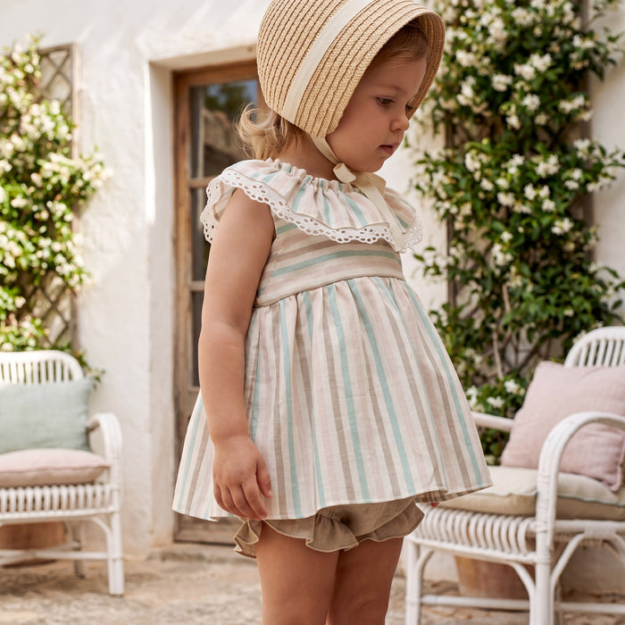 Girls "Tillie" Pastel Striped Dress & Bloomers — view 2 — handcrafted in Spain — AGÜ Baby