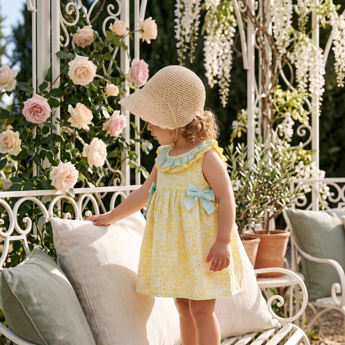 Girls "Zadie" Lemon Floral Dress β view 2 β handcrafted in Spain β AGΓ Baby