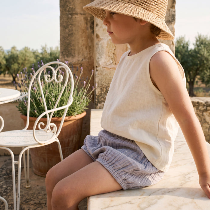 Gray Pom Pom Jam Pants β view 2 β handcrafted in Spain β AGΓ Baby