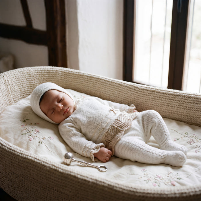 Newborn Light Blue with Camel Lace Bow Set β view 2 β handcrafted in Spain β AGΓ Baby
