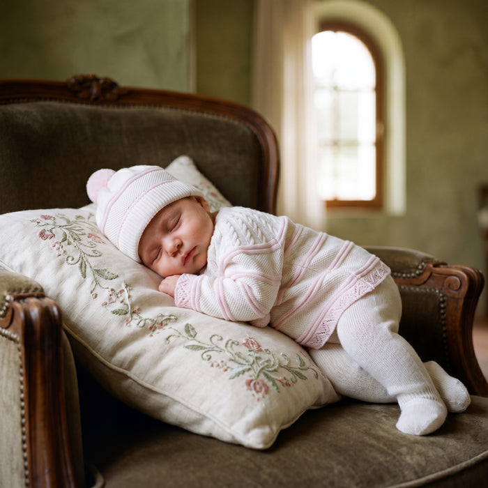 Newborn Light Pink Stripes Set 3 Pieces β view 2 β handcrafted in Spain β AGΓ Baby