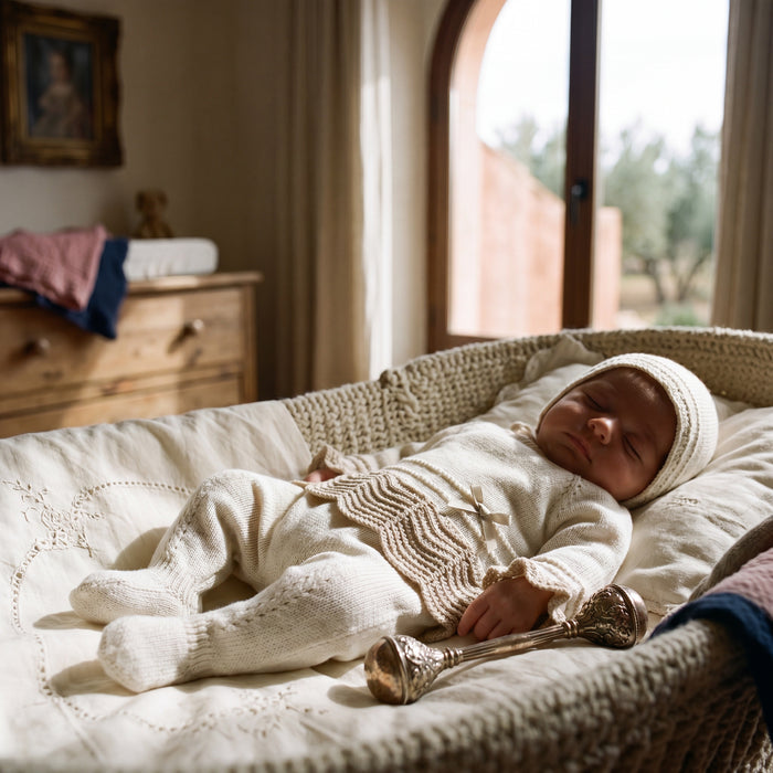 Newborn Light Pink with Camel Lace Bow Set β view 2 β handcrafted in Spain β AGΓ Baby