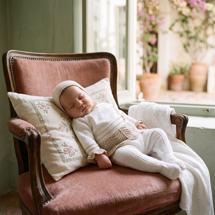 Newborn Vanilla with Camel Lace Bow Set β view 2 β handcrafted in Spain β AGΓ Baby
