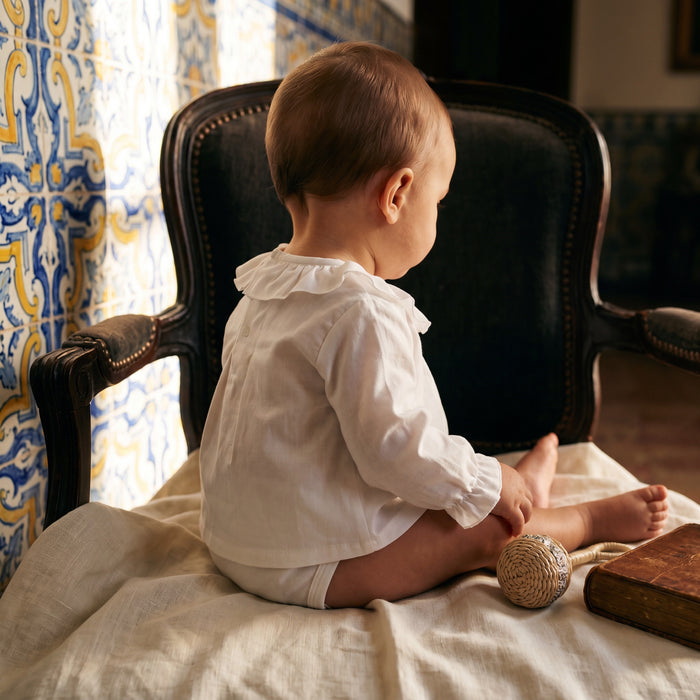 White Ruffle Collar Shirt Bodysuit β view 2 β handcrafted in Spain β AGΓ Baby