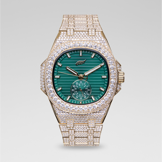 39MM Visionary Fully Iced Case & Green Dial Watch - Yellow Gold