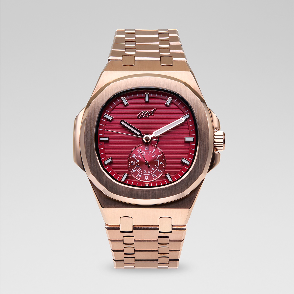 39MM Visionary Plain Case & Red Dial Watch - Rose Gold