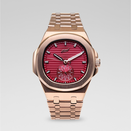 39MM Visionary Plain Case & Red Dial Watch - Rose Gold