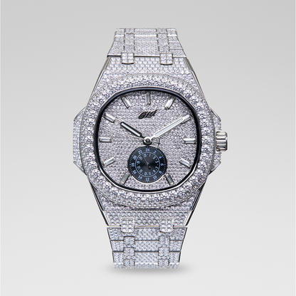 39MM Visionary Moissanite Fully Iced Case & Steel Band Watch - White Gold