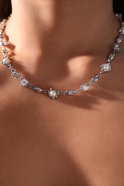 Palladium White Gold Plated Multi Diamond Pearl Necklace