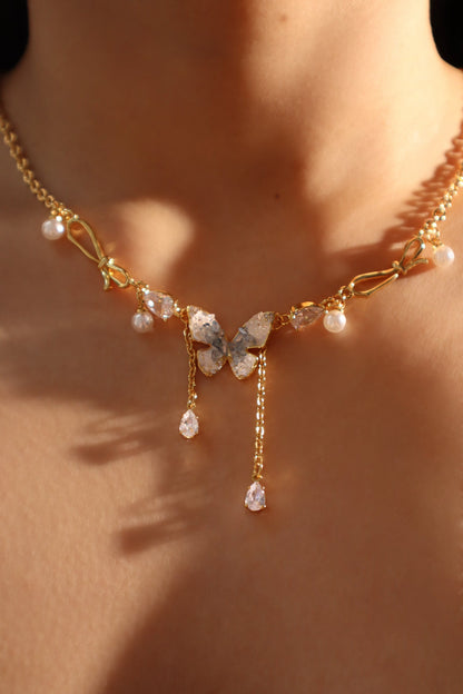 18K Real Gold Plated Blue Crystal Butterfly Necklace