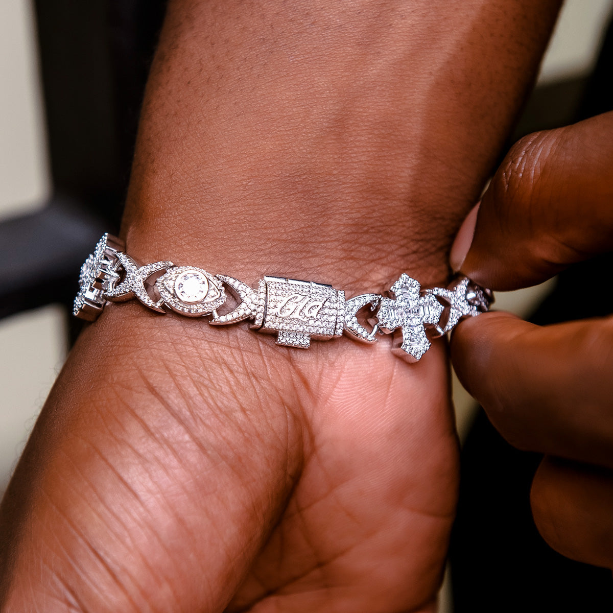 Baguette Cross Evil Eye Chain + Bracelet in White Gold