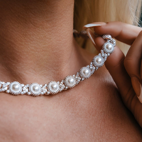 10mm Iced Halo Cuban Necklace with Pearls in White Gold