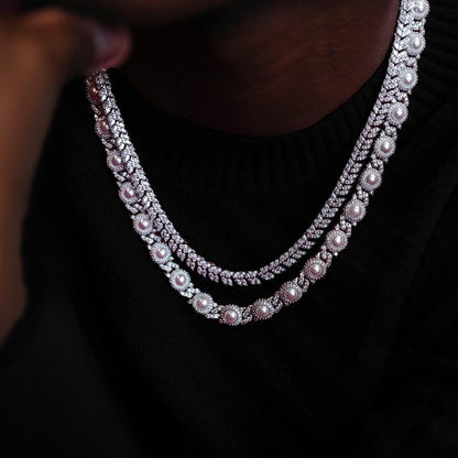 10mm Iced Halo Cuban Chain with Pearls in White Gold