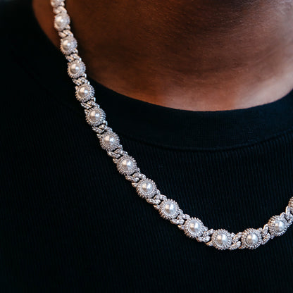 10mm Iced Halo Cuban Chain with Pearls in White Gold