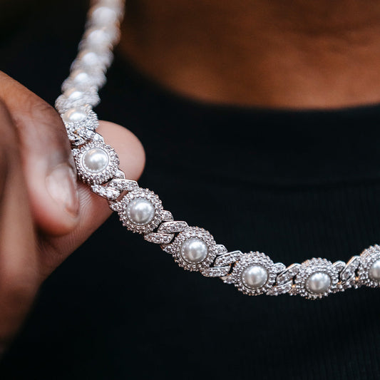 10mm Iced Halo Cuban Chain with Pearls in White Gold