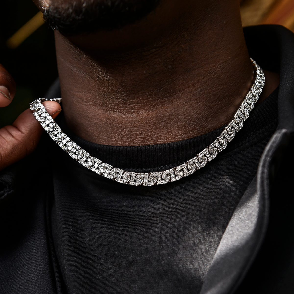 Baguette Chain Link Necklace + Bracelet in White Gold- 8mm