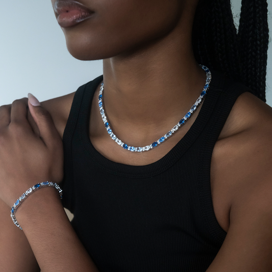 Blue Mixed Oval Cut Tennis Necklace + Bracelet Bundle