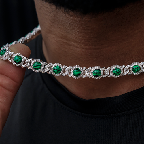 10mm Iced Halo Cuban Chain with Malachite in White Gold