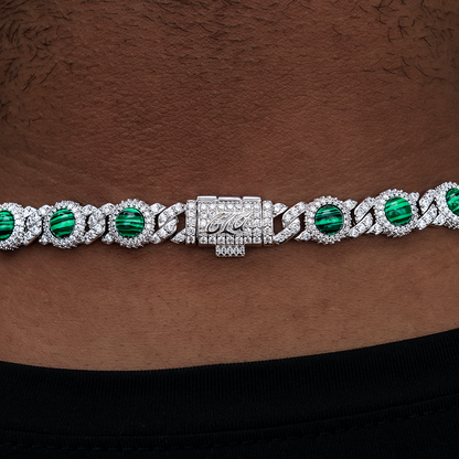 10mm Iced Halo Cuban Chain with Malachite in White Gold