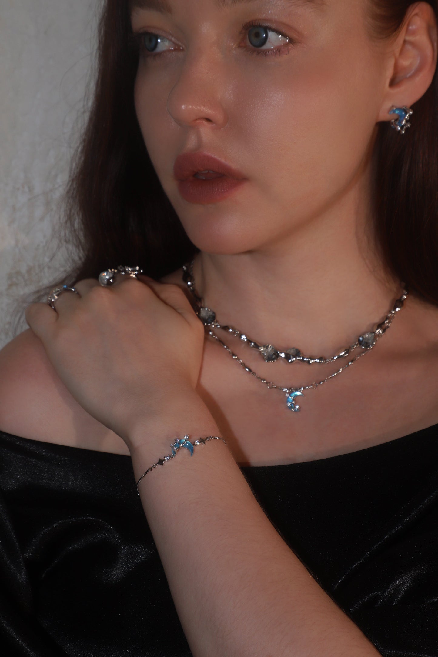 Palladium White Gold Plated Moonstone Moon Star Bracelet