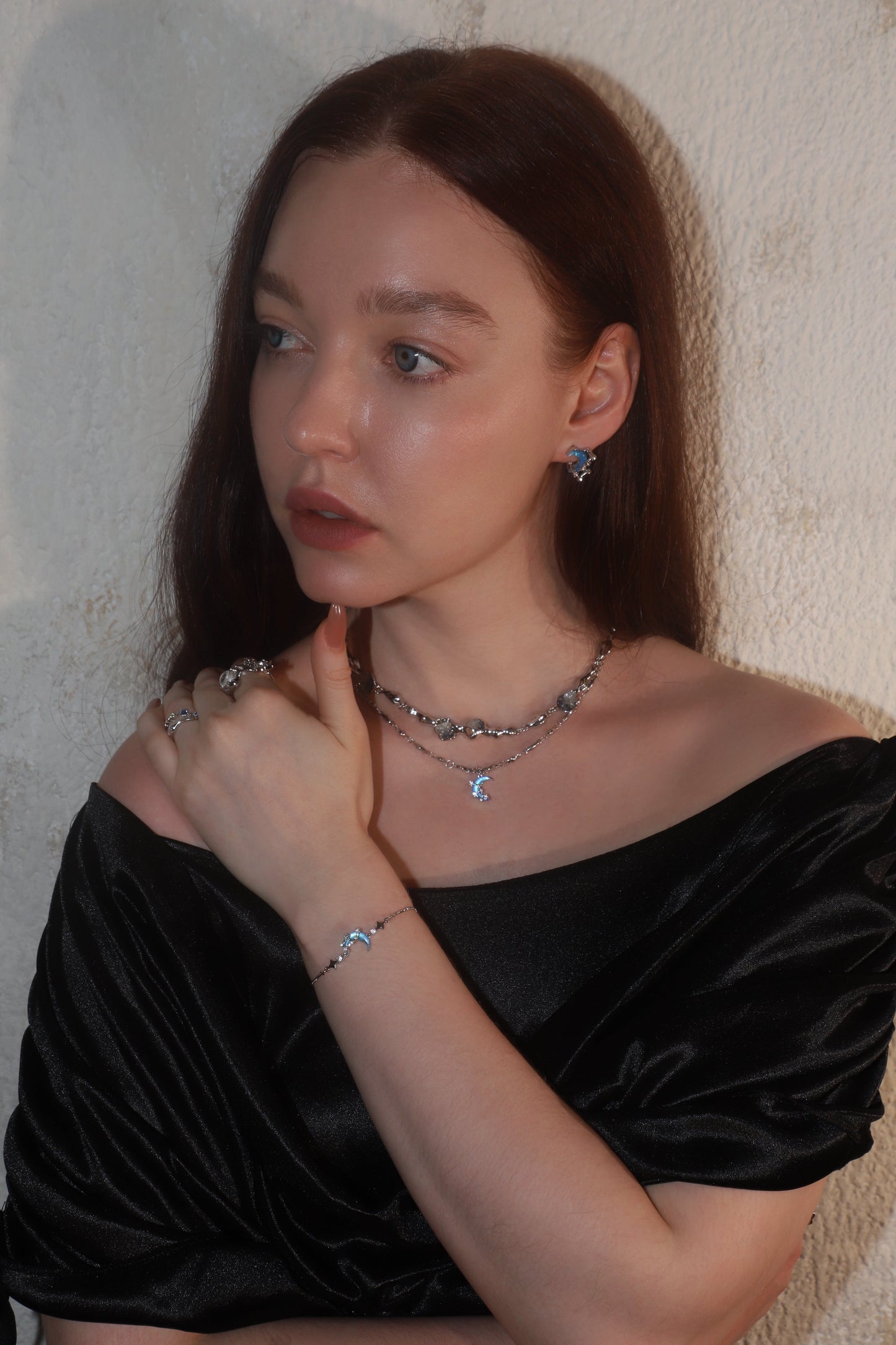 Palladium White Gold Plated Moonstone Moon Star Bracelet