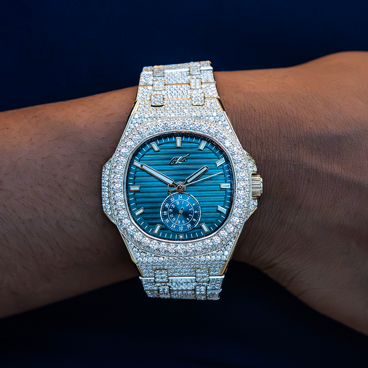 39MM Visionary Fully Iced Case & Green Dial Watch - Rose Gold