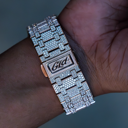 39MM Visionary Fully Iced Case & Green Dial Watch - Rose Gold