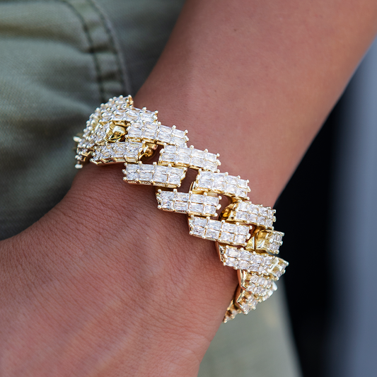 19MM Prong Baguette Cuban Bracelet - Yellow Gold