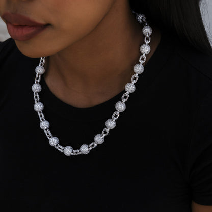 12MM Iced Ball Necklace in White Gold
