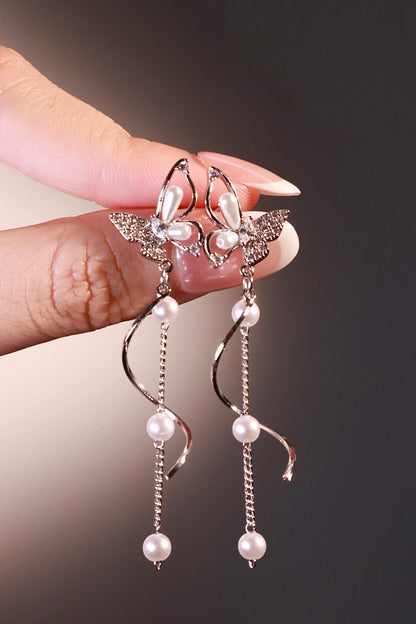 Palladium White Gold Plated Diamond Butterfly Pearls Dangle Earrings