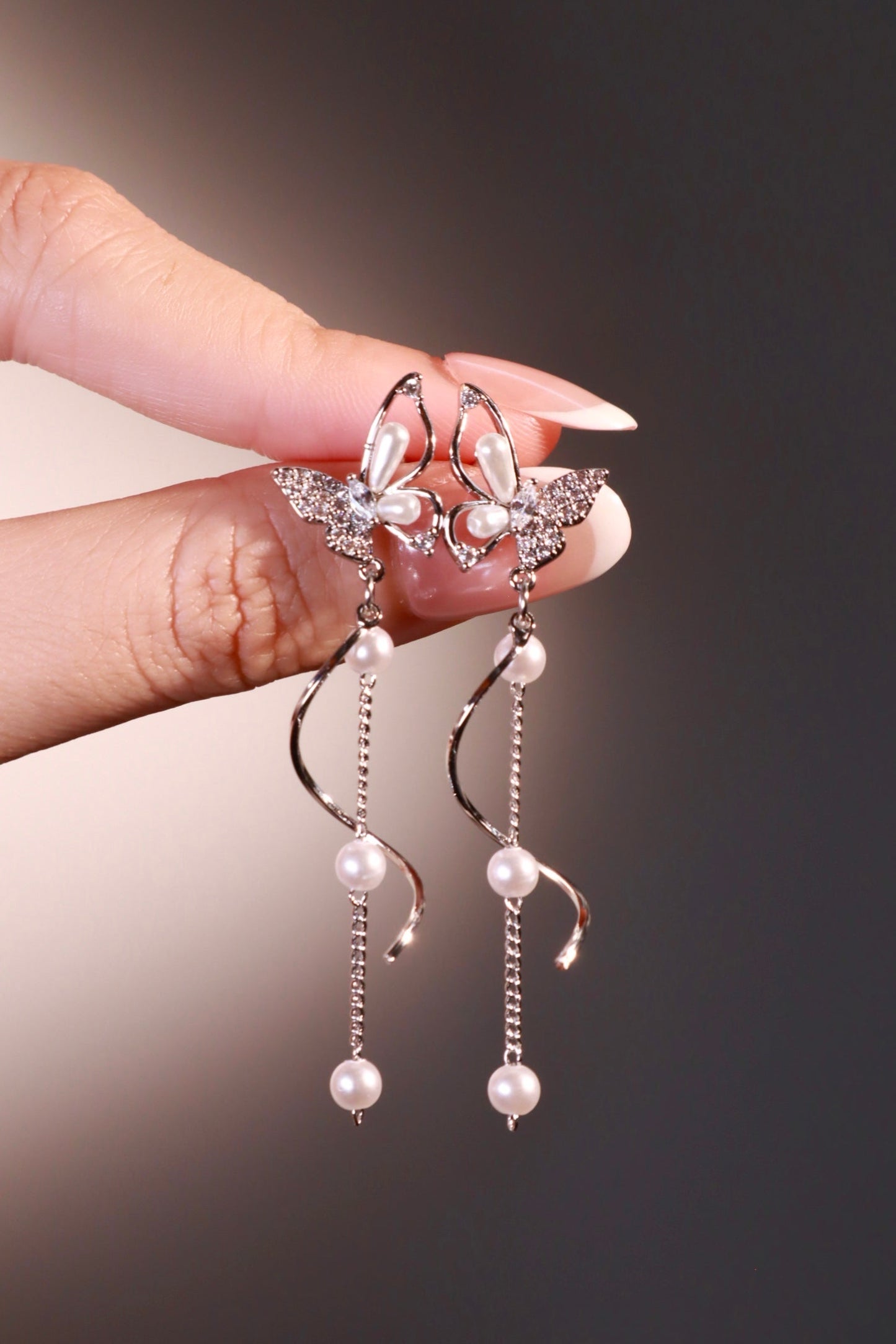 Palladium White Gold Plated Diamond Butterfly Pearls Dangle Earrings