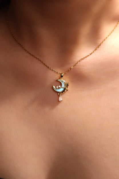 18K Real Gold Plated Blue Moonstone Rose Moon Necklace