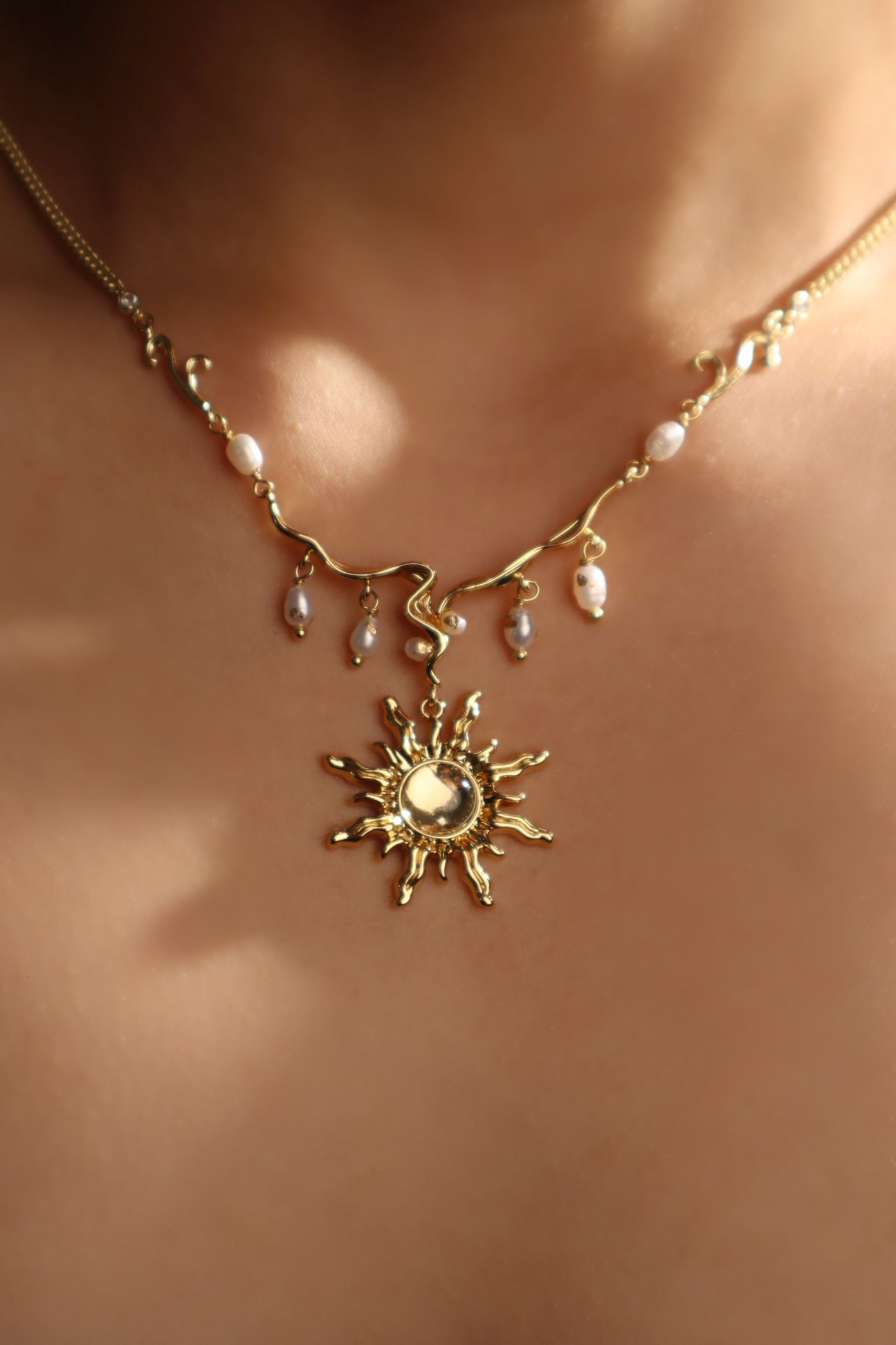 18K Real Gold Plated White Opal Sun Pearls Necklace