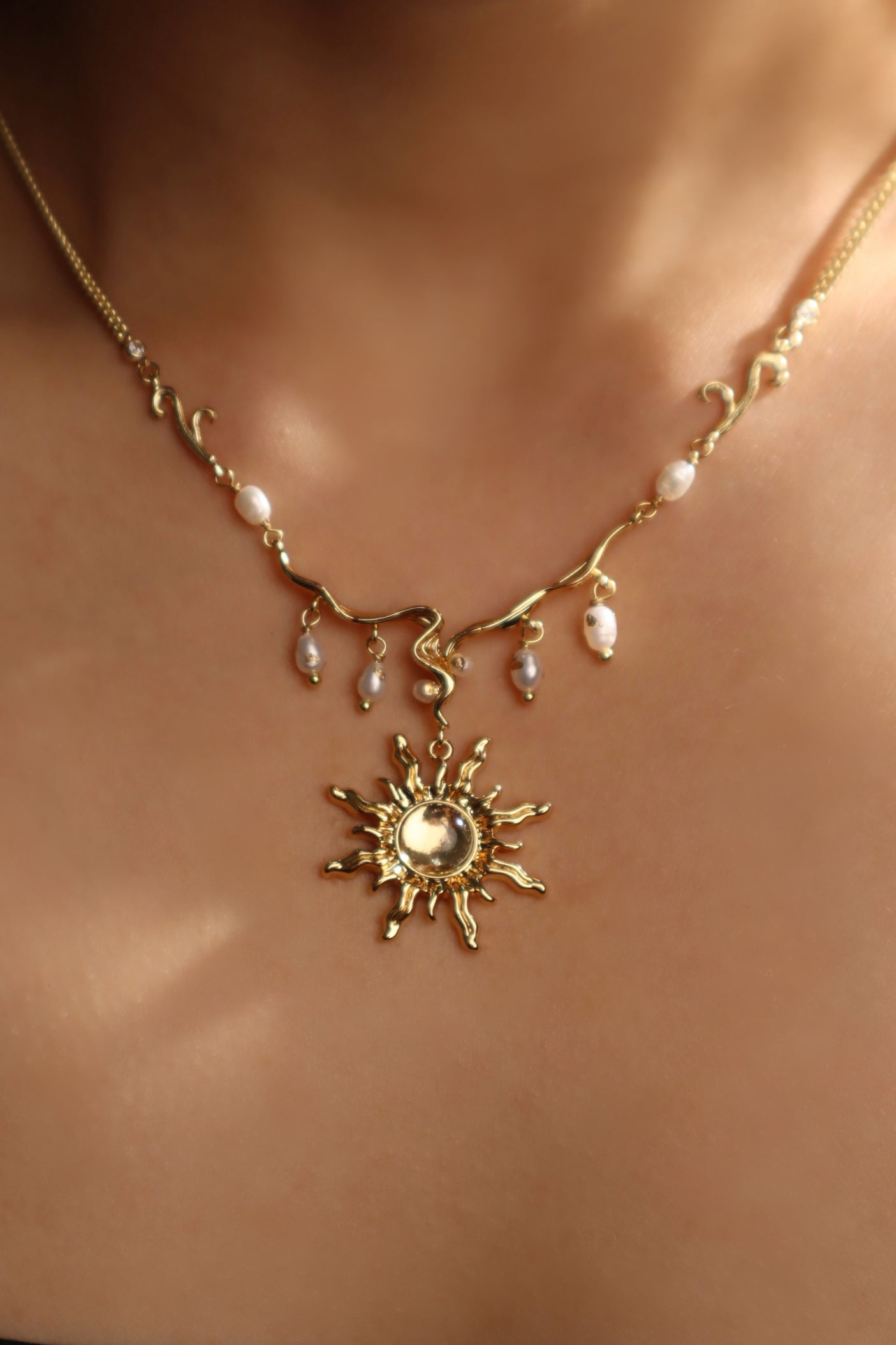 18K Real Gold Plated White Opal Sun Pearls Necklace