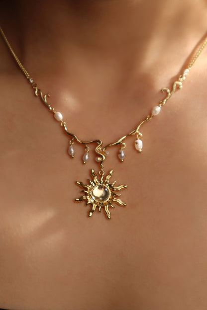 18K Real Gold Plated White Opal Sun Pearls Necklace