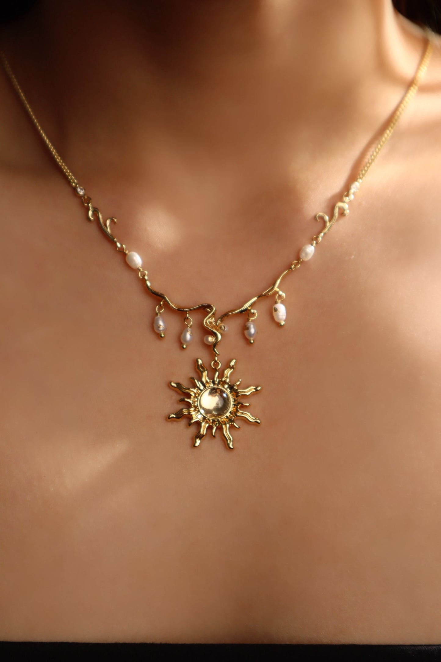 18K Real Gold Plated White Opal Sun Pearls Necklace