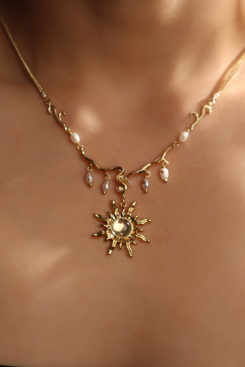 18K Real Gold Plated White Opal Sun Pearls Necklace