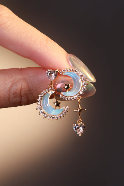 14K Real Gold Plated Moonstones Moon Heart Earrings