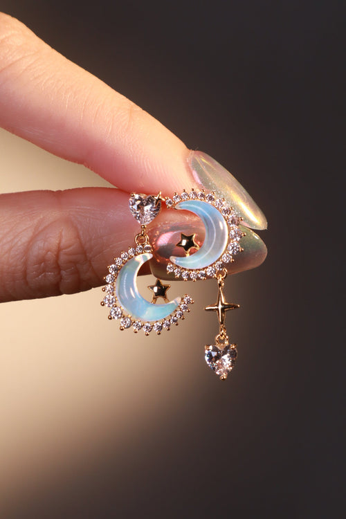 14K Real Gold Plated Moonstones Moon Heart Earrings